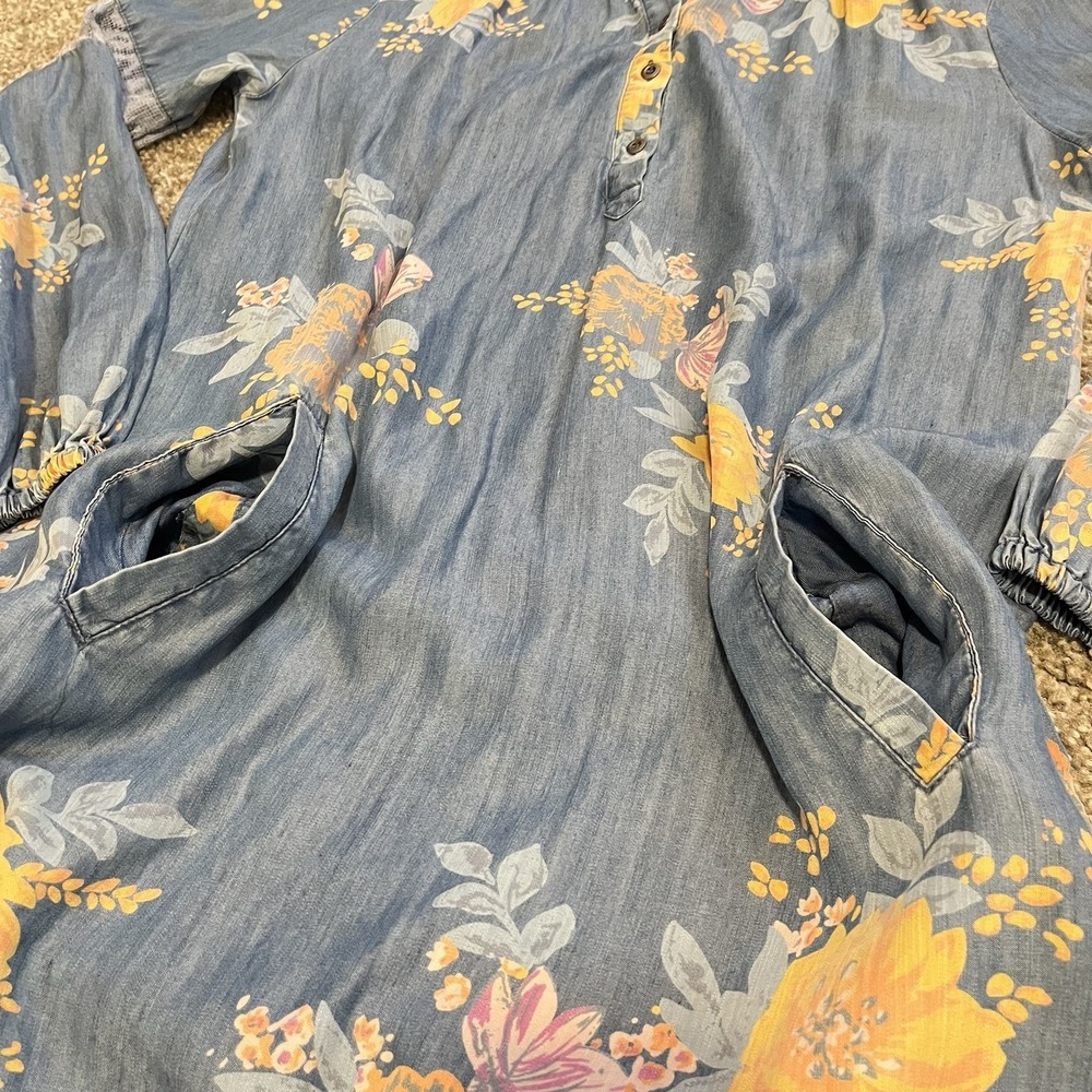 Blue Chambray Floral Dress Womens Small Cottagecore Boho Coastal Resort Lyocell - Picture 8 of 9